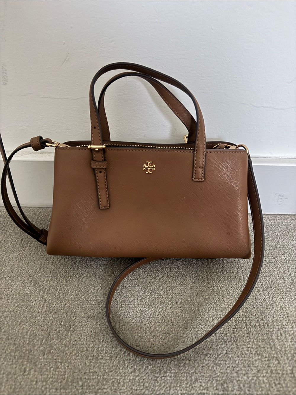 Tory Burch Brown Saffiano Leather Crossbody with Gold Logo